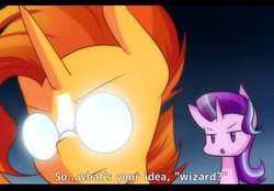 Size: 1200x836 | Tagged: safe, artist:littlecloudie, starlight glimmer, sunburst, pony, unicorn, g4, the crystalling, anime, fake screencap, female, glasses, letterboxing, male, mare, pince-nez, round glasses, scary shiny glasses, stallion, sunburst's glasses