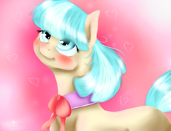 Size: 1524x1168 | Tagged: safe, artist:fanaticpanda, coco pommel, g4, blushing, cute, female, heart, looking up, missing accessory, solo