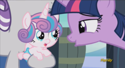 Size: 1440x785 | Tagged: safe, screencap, princess flurry heart, twilight sparkle, twilight velvet, alicorn, pony, g4, my little pony: friendship is magic, the crystalling, aunt and niece, auntie twilight, discovery family logo, female, grandmother and grandchild, mare, twilight sparkle (alicorn)