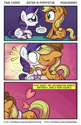 Size: 1280x1978 | Tagged: safe, artist:wadusher0, applejack, rarity, earth pony, pony, unicorn, comic:time fades, g4, blushing, comic, duo, female, imminent sex, kiss on the lips, kissing, lesbian, making out, mare, ship:rarijack, shipping, surprise kiss