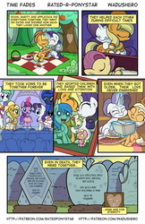 Size: 1280x1978 | Tagged: safe, artist:wadusher0, applejack, fluttershy, princess celestia, princess luna, rarity, twilight sparkle, earth pony, pony, unicorn, comic:time fades, g4, adopted offspring, adoption, comic, death, feels, female, grave, lesbian, mare, marriage, parent:applejack, parent:rarity, parents:rarijack, sad, ship:rarijack, shipping, that escalated quickly, wedding