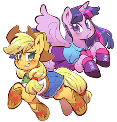 Size: 871x913 | Tagged: safe, artist:jirousan, applejack, twilight sparkle, alicorn, pony, g4, clothes, equestria girls outfit, female, mare, twilight sparkle (alicorn)