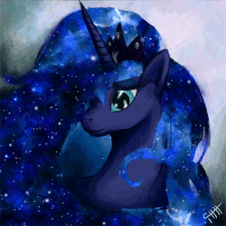 Size: 645x645 | Tagged: safe, artist:equum_amici, artist:mellow-iris, edit, princess luna, alicorn, pony, g4, animated, cinemagraph, ethereal mane, female, galaxy mane, looking at you, mare, portrait, pretty, smiling, solo, this took forever