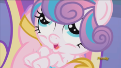 Size: 1440x810 | Tagged: safe, screencap, princess cadance, princess flurry heart, g4, the crystalling, derp, discovery family logo, lol, meme, open mouth, puffy cheeks, smiling