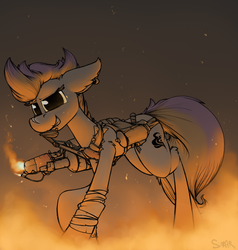 Size: 1005x1055 | Tagged: safe, artist:sinrar, oc, oc only, oc:sizzle, fallout equestria, earring, fire, flamethrower, piercing, solo, weapon