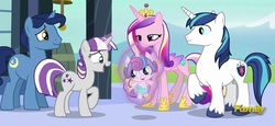 Size: 1582x728 | Tagged: safe, screencap, night light, princess cadance, princess flurry heart, shining armor, twilight velvet, g4, the crystalling, discovery family logo, family, height difference, levitation, magic, physique difference, telekinesis
