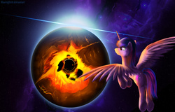 Size: 2500x1600 | Tagged: safe, artist:bluenight01, twilight sparkle, alicorn, pony, g4, apocalypse, black hole, destruction, female, mare, nebula, planet, solo, space, twilight sparkle (alicorn), underhoof