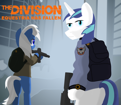 Size: 983x855 | Tagged: safe, artist:totallynotabronyfim, shining armor, oc, oc:selena moon, g4, backpack, clothes, gun, jacket, m4, the division, weapon