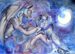 Size: 1280x934 | Tagged: safe, artist:vincher, nightmare moon, princess luna, alicorn, pony, g4, duality, grin, s1 luna, traditional art, watercolor painting