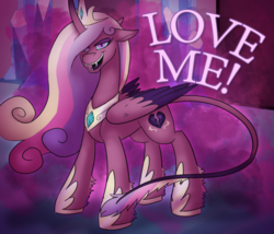 Size: 700x600 | Tagged: safe, alternate version, artist:wiggles, princess cadance, ask king sombra, g4, curved horn, dark magic, female, horn, leonine tail, magic, nightmare cadance, nightmarified, possessed, slit pupils, solo, text