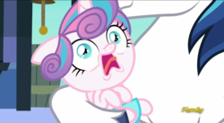 Size: 1426x780 | Tagged: safe, screencap, princess flurry heart, shining armor, alicorn, pony, unicorn, g4, the crystalling, discovery family logo, duo, faic, father and daughter, female, filly, foal, male, reeee, sneezing, stallion