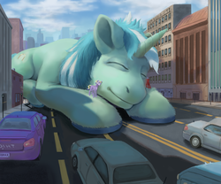 Size: 4000x3333 | Tagged: safe, artist:spectrumshift, oc, oc only, oc:cloud weaver, oc:keystone, oc:silver stitch, pony, car, city, giant pony, macro, size difference, sleeping