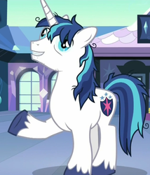 Size: 536x625 | Tagged: safe, screencap, shining armor, alicorn, pony, g4, the crystalling, cracked armor, derp, exhausted, grin, male, messy mane, raised hoof, smiling, solo, stallion, stubble
