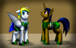 Size: 5500x3500 | Tagged: safe, artist:melodicstream, oc, oc only, oc:ballista, oc:cloudy leaf, pegasus, pony, unicorn, armor, wings