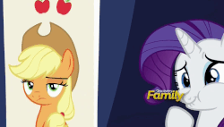 Size: 687x391 | Tagged: safe, screencap, applejack, fluttershy, rarity, g4, the crystalling, animated, discovery family logo, female, reversed, snickering