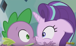 Size: 719x437 | Tagged: safe, screencap, spike, starlight glimmer, dragon, pony, unicorn, g4, the crystalling, boop, discovery family logo, duo, out of context, scrunchy face