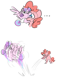 Size: 885x1208 | Tagged: safe, artist:nobody, pinkie pie, princess flurry heart, pony, g4, the crystalling, ..., :p, :t, abuse, bipedal, eye scream, flurrybuse, simple background, sketch, spread wings, throwing, tongue out, white background, wide eyes
