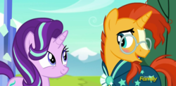 Size: 1176x574 | Tagged: safe, screencap, starlight glimmer, sunburst, pony, unicorn, g4, the crystalling, blaze (coat marking), blushing, cloak, clothes, coat markings, discovery family logo, eye contact, facial markings, female, glasses, male, mare, open mouth, smiling, socks (coat markings), stallion, sunburst's cloak, sunburst's glasses