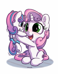 Size: 1100x1400 | Tagged: safe, artist:bobdude0, princess flurry heart, sweetie belle, alicorn, pony, unicorn, g4, the crystalling, baby, baby pony, blushing, cute, diaper, diasweetes, filly, flurrybetes, foal, holding a pony, weapons-grade cute