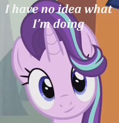 Size: 725x747 | Tagged: safe, edit, screencap, starlight glimmer, g4, the crystalling, bust, cropped, i have no idea what i'm doing, image macro, meme, text, text edit