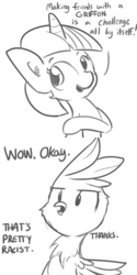 Size: 792x1584 | Tagged: safe, artist:tjpones, twilight sparkle, alicorn, griffon, pony, g4, the crystalling, black and white, comic, female, frown, glare, grayscale, mare, monochrome, open mouth, racism, simple background, smiling, that's racist, twilight sparkle (alicorn), white background