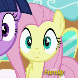 Size: 429x429 | Tagged: safe, screencap, fluttershy, twilight sparkle, alicorn, pony, g4, the crystalling, animated, blinking, cute, discovery family logo, female, looking at you, mare, shyabetes, twilight sparkle (alicorn)