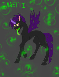 Size: 1024x1325 | Tagged: safe, artist:azrimwolf, oc, oc only, oc:insetti, changeling, female, green tongue, purple changeling, sharp teeth, solo, story included, tongue out