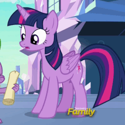 Size: 454x454 | Tagged: safe, screencap, spike, twilight sparkle, alicorn, pony, g4, the crystalling, animated, blinking, cropped, discovery family logo, female, mare, raised hoof, solo focus, twilight sparkle (alicorn)