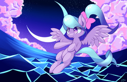 Size: 1683x1089 | Tagged: safe, artist:kawaiipony2, flitter, g4, bow, cloud, color porn, crescent moon, cutie mark, hair bow, moon, spread wings, stars, wings