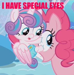 Size: 891x898 | Tagged: safe, screencap, pinkie pie, princess flurry heart, g4, the crystalling, eye, image macro, meme, my brand, princess facehugger, special eyes