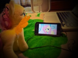 Size: 3264x2448 | Tagged: safe, fluttershy, g4, the crystalling, computer, high res, irl, laptop computer, phone, photo, plushie, smartphone