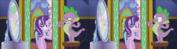 Size: 2558x720 | Tagged: safe, screencap, spike, starlight glimmer, g4, the crystalling, discovery family logo, flexing, mirror, pose