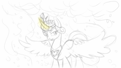 Size: 2560x1440 | Tagged: safe, artist:frikdikulous, princess flurry heart, alicorn, pony, g4, angry, cloud, curved horn, evil, evil flurry heart, female, glare, glowing horn, gritted teeth, horn, looking at you, magic, mare, monochrome, older, solo, spread wings, wings