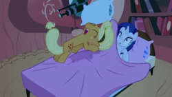 Size: 1920x1080 | Tagged: safe, screencap, applejack, rarity, g4, look before you sleep, season 1, bed, golden oaks library, great moments in animation, spiderjack