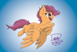 Size: 1254x858 | Tagged: safe, artist:ablackspiritwolf, scootaloo, pegasus, pony, blank flank, female, filly, flying, foal, gradient background, happy, open mouth, scootaloo can fly, signature, solo, spread wings, wings