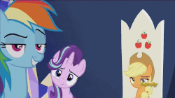 Size: 750x421 | Tagged: safe, screencap, applejack, fluttershy, pinkie pie, rainbow dash, rarity, starlight glimmer, earth pony, pegasus, pony, unicorn, g4, the crystalling, animated, applejack's hat, cowboy hat, discovery family logo, dreamworks eyebrow, dreamworks face, faic, female, frown, hat, mare, reaction image, snickering, varying degrees of amusement