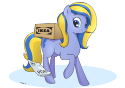 Size: 1024x724 | Tagged: safe, artist:wonkysole, pony, box, ikea, mouth hold, nation ponies, paper, ponified, screwdriver, solo, sweden