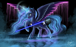 Size: 4000x2500 | Tagged: safe, artist:duskie-06, princess luna, g4, female, flowing mane, glowing wings, lightsaber, magic, solo, star wars, weapon
