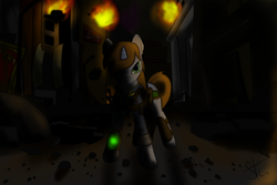 Size: 3600x2400 | Tagged: safe, artist:steam craft, oc, oc only, oc:littlepip, pony, unicorn, fallout equestria, canterlot, clothes, fanfic, fanfic art, female, fire, high res, hooves, horn, jumpsuit, looking at you, mare, pink cloud, pink cloud (fo:e), pipbuck, ruins, saddle bag, solo, vault suit, wasteland