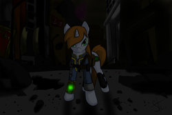 Size: 3600x2400 | Tagged: safe, artist:steam craft, oc, oc only, oc:littlepip, pony, unicorn, fallout equestria, canterlot, clothes, fanfic, fanfic art, female, high res, hooves, horn, jumpsuit, looking at you, mare, pink cloud, pink cloud (fo:e), pipbuck, ruins, saddle bag, solo, vault suit, wasteland