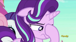Size: 850x478 | Tagged: safe, screencap, fluttershy, rarity, starlight glimmer, g4, the crystalling, animated, discovery family logo, facehoof, female