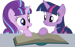 Size: 2192x1376 | Tagged: safe, artist:fluttersdreams, starlight glimmer, twilight sparkle, alicorn, pony, g4, book, female, mare, simple background, transparent background, twilight sparkle (alicorn)