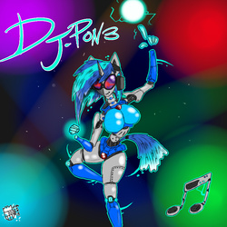 Size: 800x800 | Tagged: safe, artist:sanyo2100, dj pon-3, vinyl scratch, robot, anthro, g4, big breasts, breasts, brutal equestria, brutal legend, brütal, busty vinyl scratch, female, mecha, solo, technology