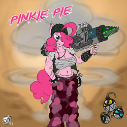 Size: 800x800 | Tagged: safe, artist:sanyo2100, gummy, pinkie pie, anthro, g4, bomb, breasts, brutal equestria, brutal legend, brütal, busty pinkie pie, female, muscles, rocket launcher, solo, weapon