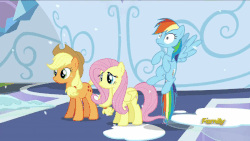 Size: 850x478 | Tagged: safe, screencap, applejack, fluttershy, rainbow dash, g4, the crystalling, animated, comforting, desperate, discovery family logo, facehoof, female, grimace, head pat, pat, petting, snow, snowfall