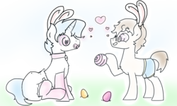 Size: 2097x1262 | Tagged: artist needed, safe, oc, oc only, pony, rabbit, buddies, bunny ears, clothes, diaper, diaper fetish, easter, egg, gay, hypnosis, male, mental regression, non-baby in diaper, poofy diaper, socks, stallion