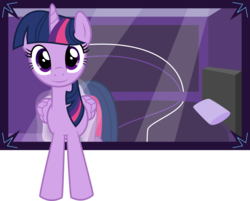 Size: 7965x6400 | Tagged: safe, artist:parclytaxel, twilight sparkle, alicorn, pony, g4, .svg available, absurd resolution, bed, female, fourth wall, mare, portal, simple background, smiling, solo, transparent background, twilight sparkle (alicorn), vector