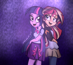 Size: 900x800 | Tagged: dead source, safe, artist:wubcakeva, sunset shimmer, twilight sparkle, equestria girls, g4, clothes, duo, duo female, female, open mouth, open smile, smiling