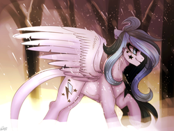 Size: 1024x768 | Tagged: safe, artist:orfartina, oc, oc only, pegasus, pony, chest fluff, female, leg fluff, mare, profile, snow, snowfall, solo, spread wings, tree, walking, wings, winter