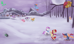 Size: 3000x1800 | Tagged: safe, artist:joan-grace, apple bloom, applejack, babs seed, fluttershy, pinkie pie, rainbow dash, rarity, scootaloo, sweetie belle, twilight sparkle, alicorn, earth pony, pegasus, pony, unicorn, g4, clothes, cutie mark, cutie mark crusaders, earmuffs, female, filly, mane six, mare, scarf, snow, the cmc's cutie marks, twilight sparkle (alicorn), winter